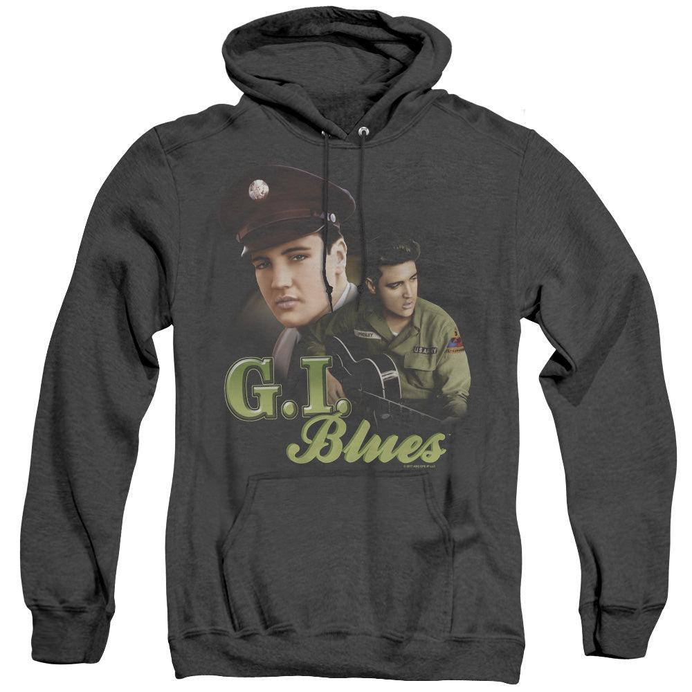 AN OFFCIALLY LICENSED ELVIS PRESLEY G I BLUES ADULT UNISEX HEATHER PULLOVER HOODIE BLACK
