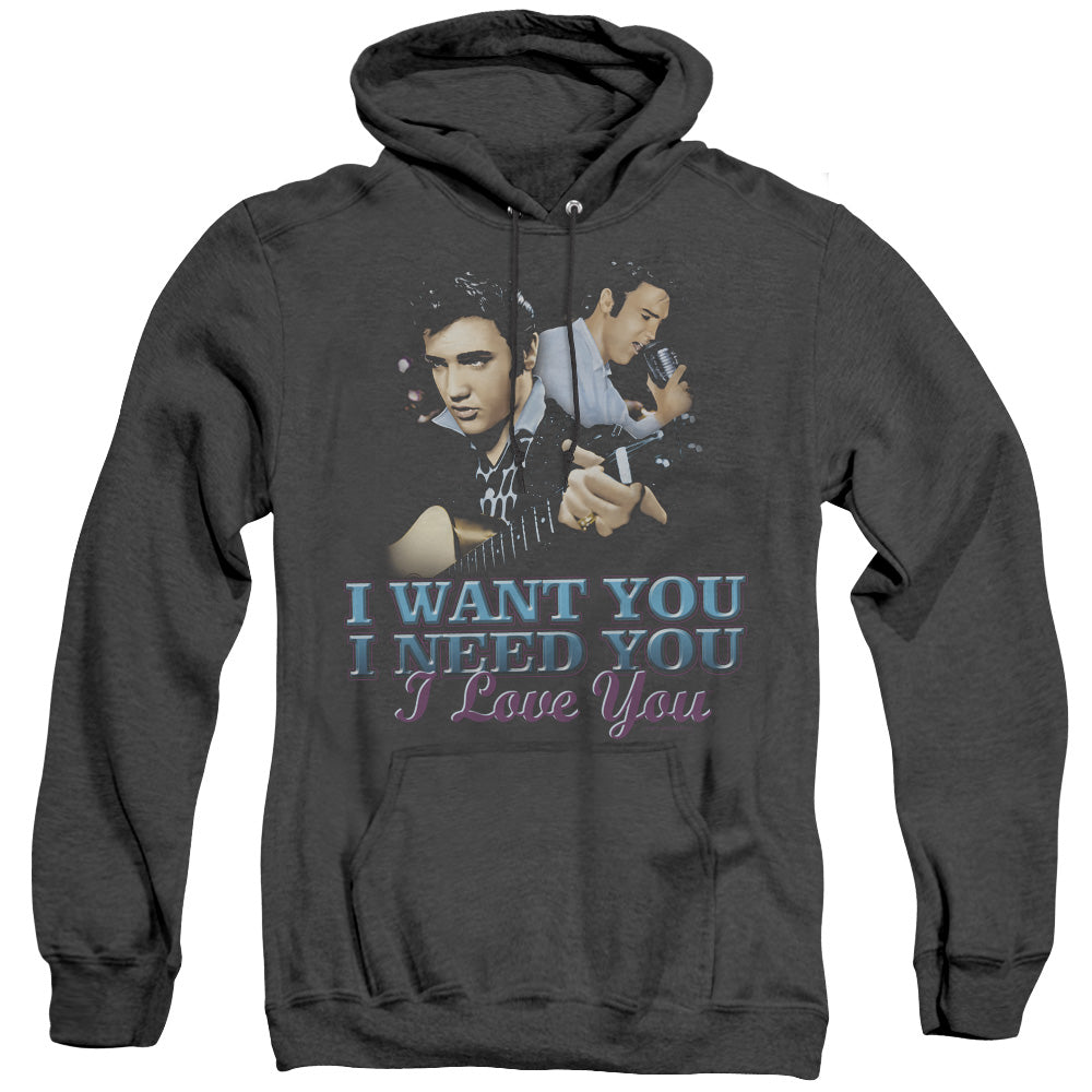 AN OFFCIALLY LICENSED ELVIS PRESLEY I WANT YOU ADULT UNISEX HEATHER PULLOVER HOODIE BLACK