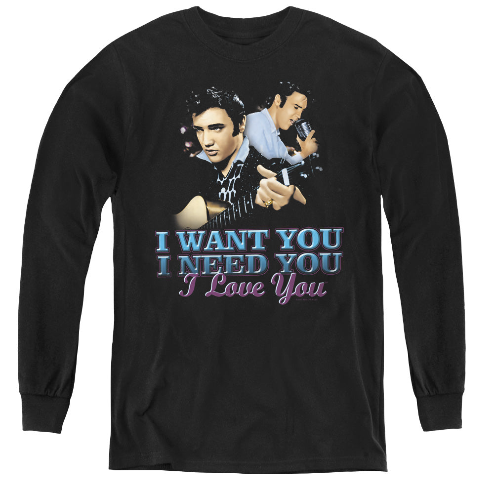AN OFFCIALLY LICENSED ELVIS PRESLEY I WANT YOU YOUTH LONG SLEEVE T-SHIRT BLACK