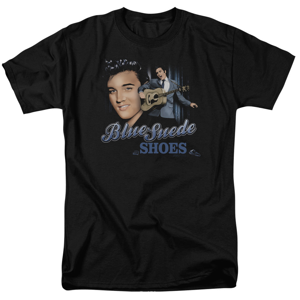 AN OFFCIALLY LICENSED ELVIS PRESLEY BLUE SUEDE SHOES MEN'S REGULAR FIT T-SHIRT BLACK