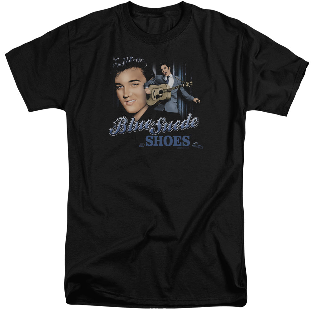 AN OFFCIALLY LICENSED ELVIS PRESLEY BLUE SUEDE SHOES MEN'S TALL FIT T-SHIRT BLACK