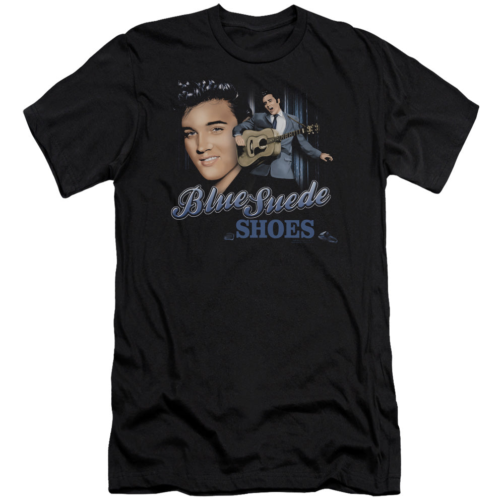 AN OFFCIALLY LICENSED ELVIS PRESLEY BLUE SUEDE SHOES MEN'S PREMIUM SLIM FIT T-SHIRT BLACK