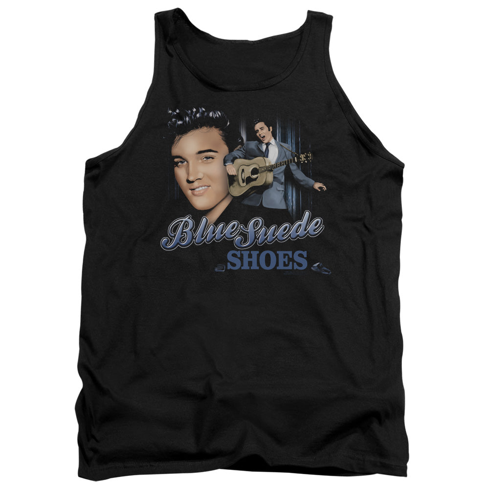 AN OFFCIALLY LICENSED ELVIS PRESLEY BLUE SUEDE SHOES ADULT UNISEX TANK TOP BLACK