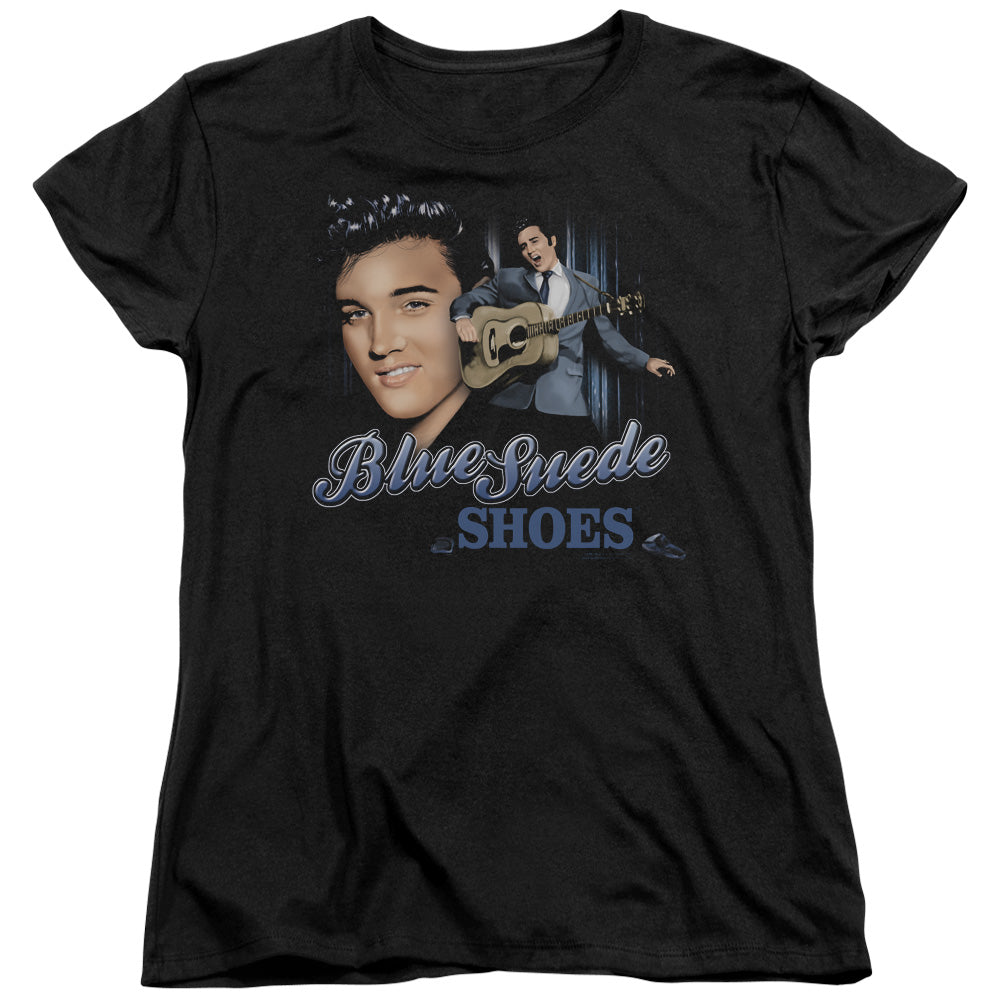 AN OFFCIALLY LICENSED ELVIS PRESLEY BLUE SUEDE SHOES WOMEN'S REGULAR FIT T-SHIRT BLACK