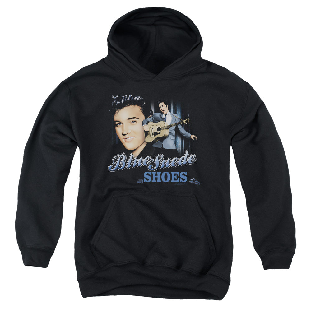 AN OFFCIALLY LICENSED ELVIS PRESLEY BLUE SUEDE SHOES YOUTH HOODIE BLACK