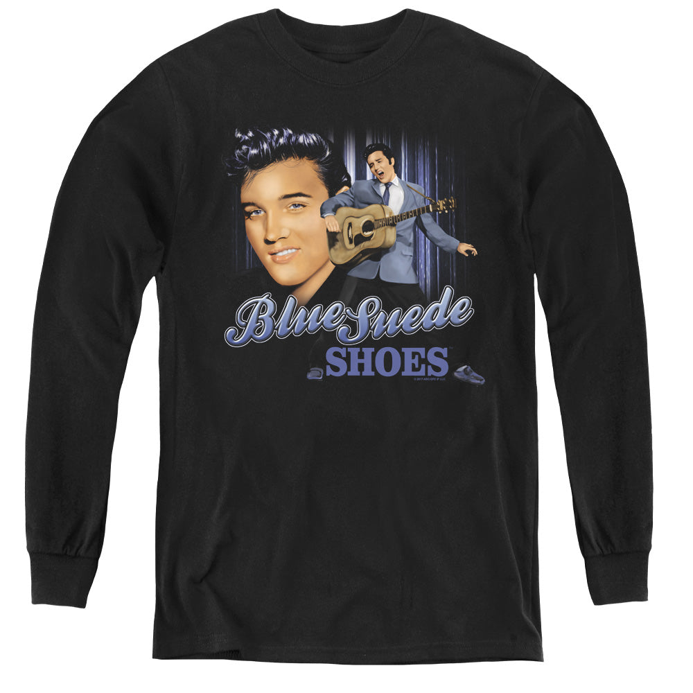 AN OFFCIALLY LICENSED ELVIS PRESLEY BLUE SUEDE SHOES YOUTH LONG SLEEVE T-SHIRT BLACK