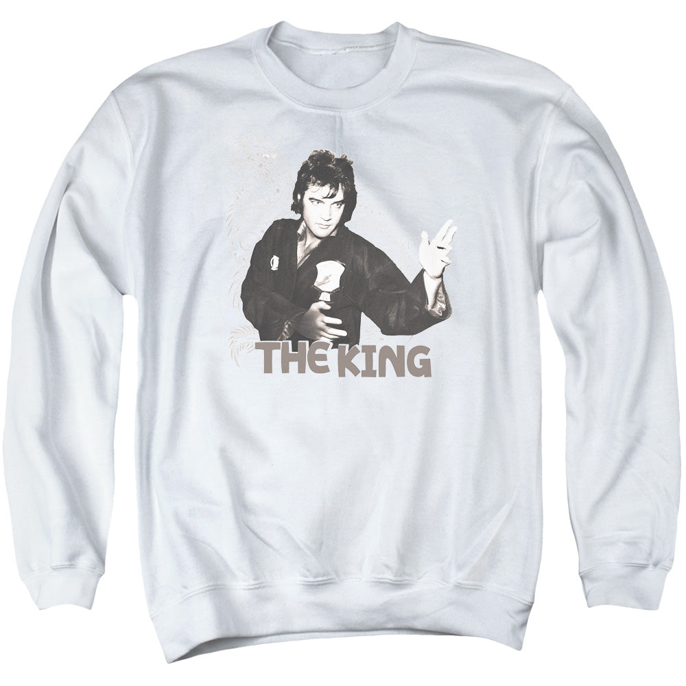 AN OFFCIALLY LICENSED ELVIS PRESLEY FIGHTING KING ADULT UNISEX CREWNECK SWEATSHIRT WHITE