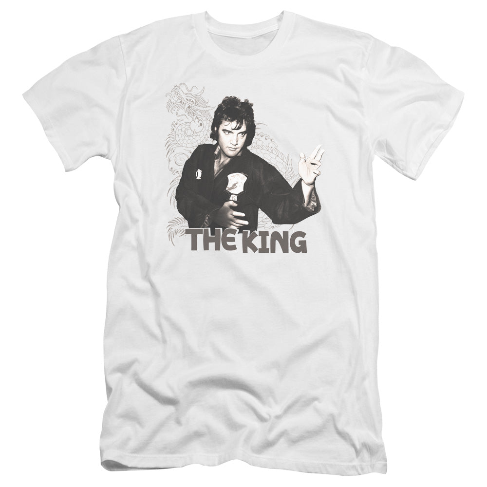 AN OFFCIALLY LICENSED ELVIS PRESLEY FIGHTING KING MEN'S PREMIUM SLIM FIT T-SHIRT WHITE