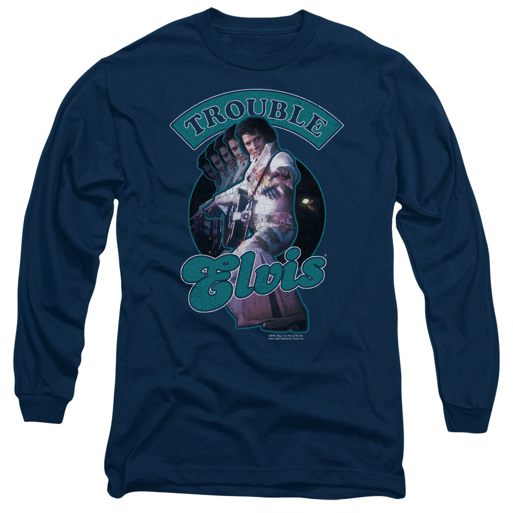 AN OFFCIALLY LICENSED ELVIS PRESLEY TOTAL TROUBLE MEN'S LONG SLEEVE T-SHIRT NAVY
