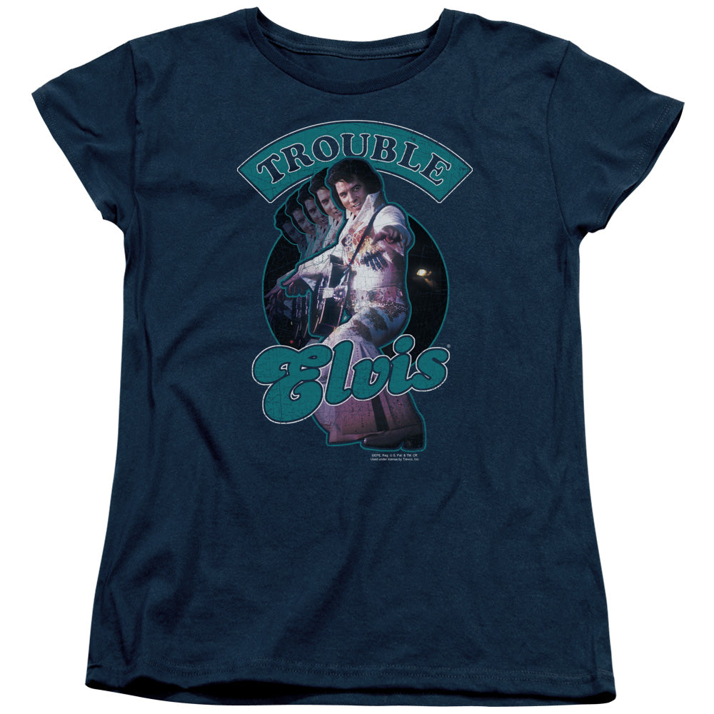 AN OFFCIALLY LICENSED ELVIS PRESLEY TOTAL TROUBLE WOMEN'S REGULAR FIT T-SHIRT NAVY