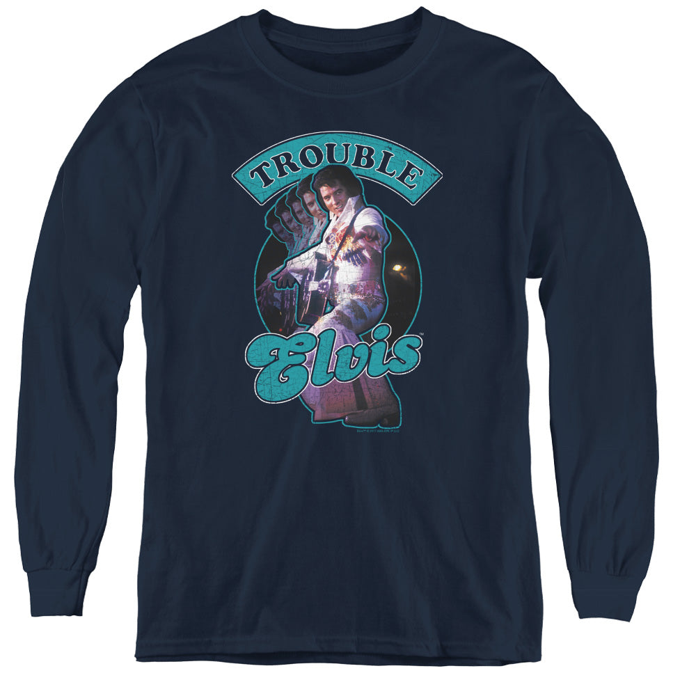 AN OFFCIALLY LICENSED ELVIS PRESLEY TOTAL TROUBLE YOUTH LONG SLEEVE T-SHIRT NAVY