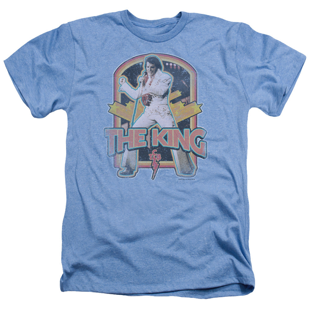 AN OFFCIALLY LICENSED ELVIS PRESLEY DISTRESSED KING MEN'S HEATHER T-SHIRT LIGHT BLUE