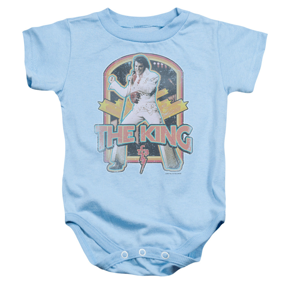 AN OFFCIALLY LICENSED ELVIS PRESLEY DISTRESSED KING BABY BODYSUIT LIGHT BLUE