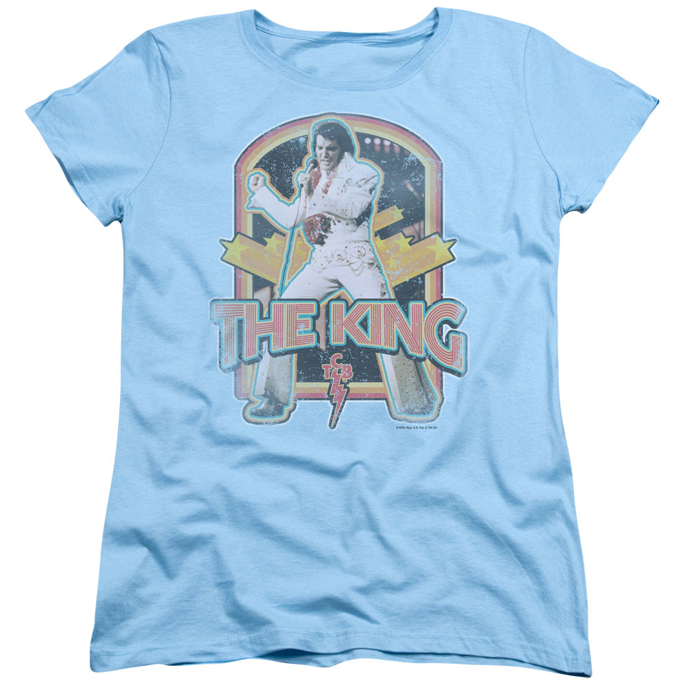 AN OFFCIALLY LICENSED ELVIS PRESLEY DISTRESSED KING WOMEN'S REGULAR FIT T-SHIRT LIGHT BLUE