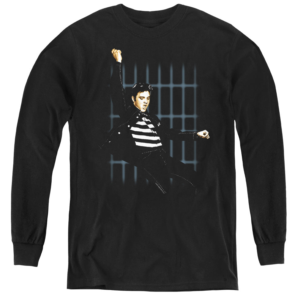 AN OFFCIALLY LICENSED ELVIS PRESLEY BLUE BARS YOUTH LONG SLEEVE T-SHIRT BLACK