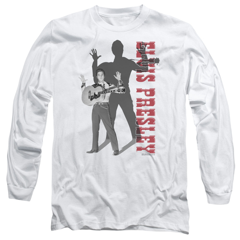 AN OFFCIALLY LICENSED ELVIS PRESLEY LOOK NO HANDS MEN'S LONG SLEEVE T-SHIRT WHITE