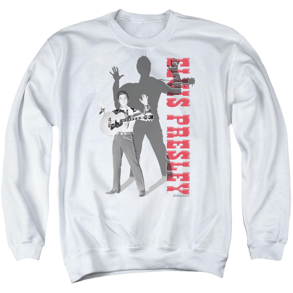 AN OFFCIALLY LICENSED ELVIS PRESLEY LOOK NO HANDS ADULT UNISEX CREWNECK SWEATSHIRT WHITE