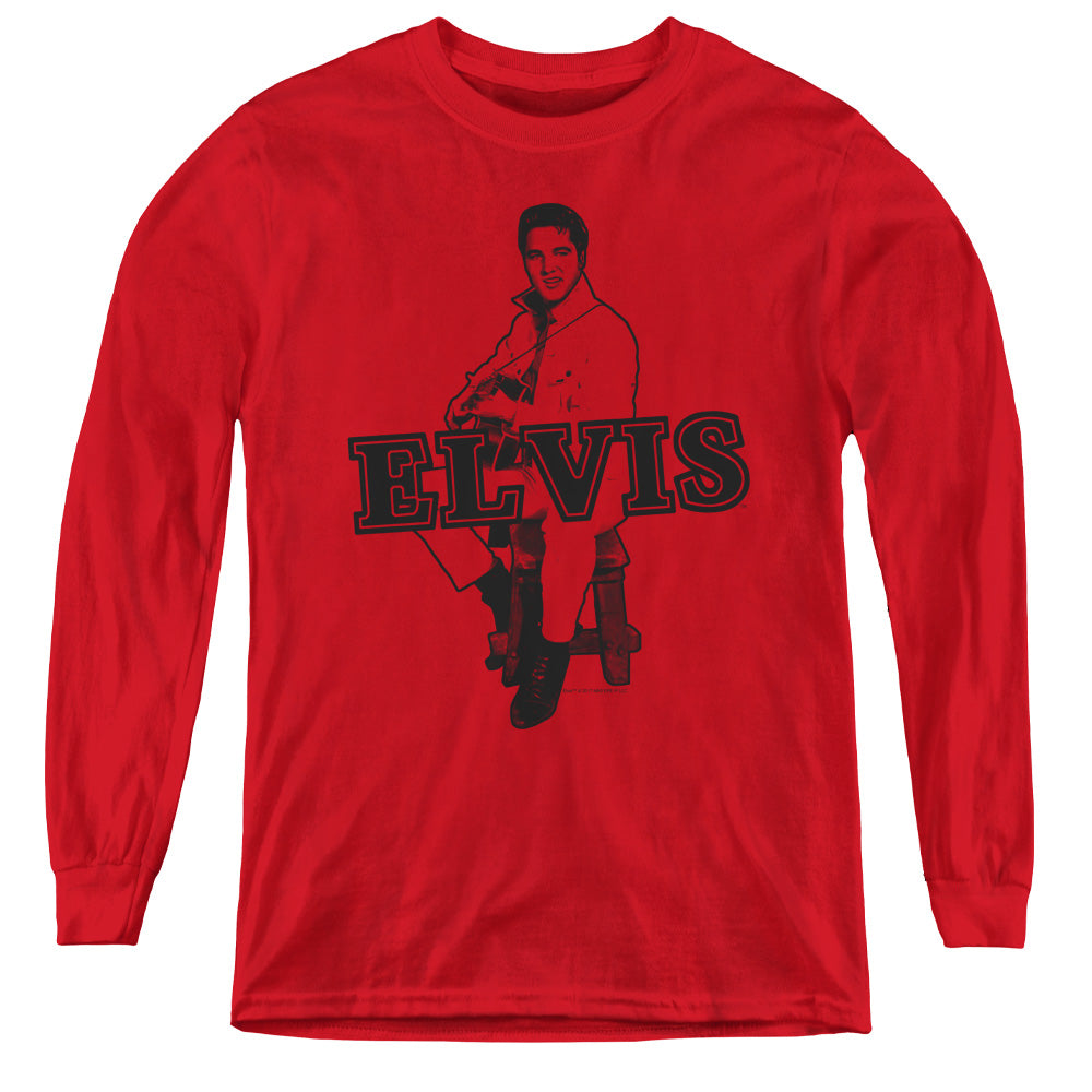 AN OFFCIALLY LICENSED ELVIS PRESLEY JAMMING YOUTH LONG SLEEVE T-SHIRT RED