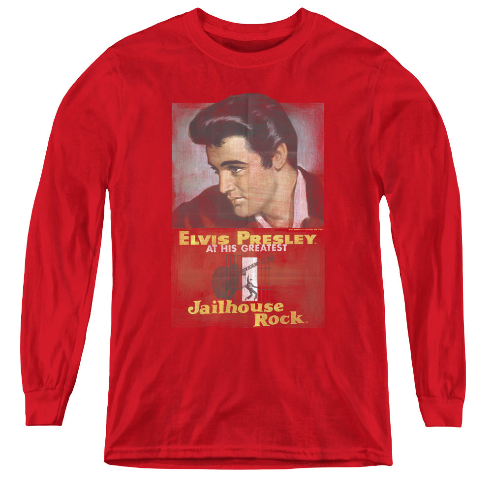 AN OFFCIALLY LICENSED ELVIS PRESLEY JAILHOUSE ROCK POSTER YOUTH LONG SLEEVE T-SHIRT RED