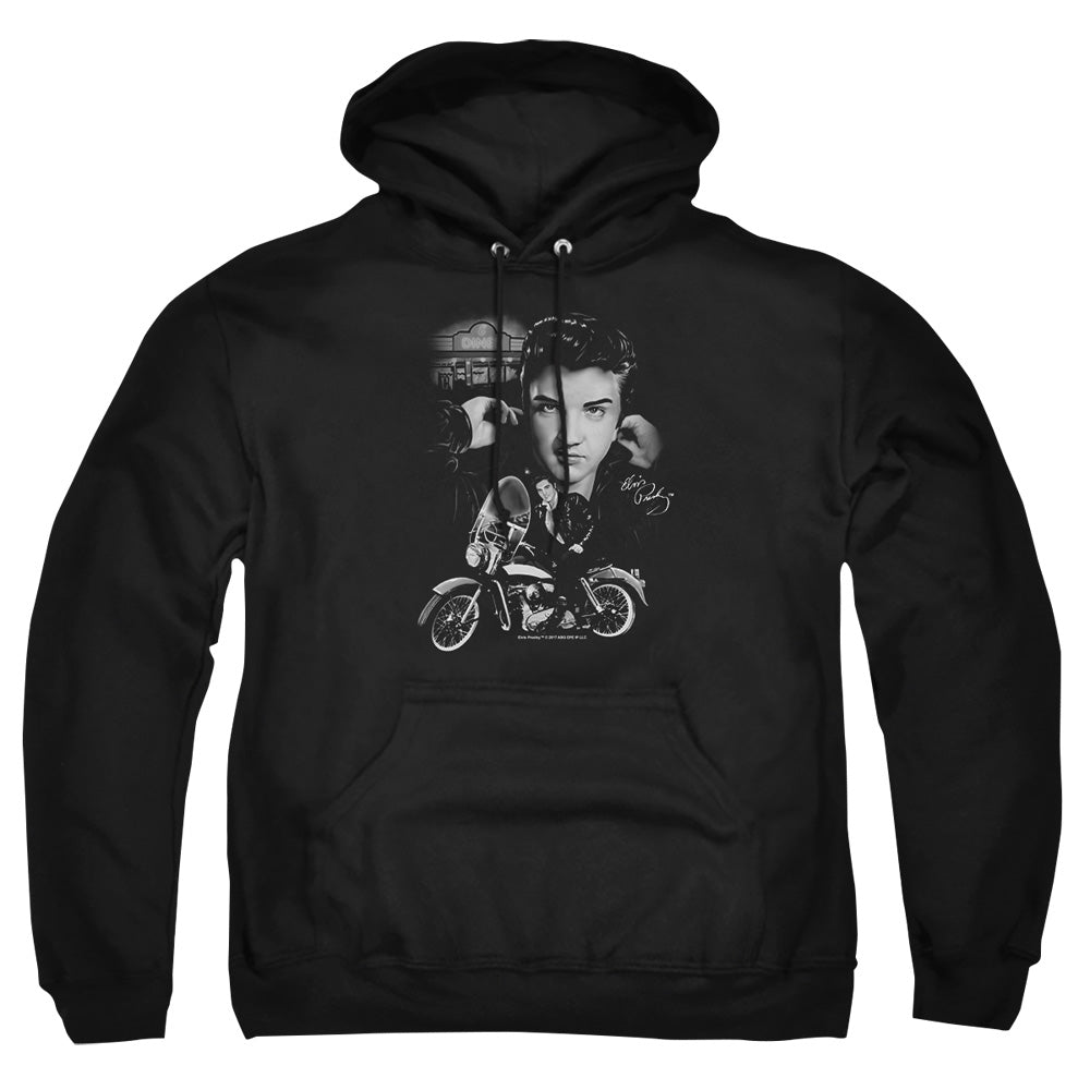 AN OFFCIALLY LICENSED ELVIS PRESLEY THE KING RIDES AGAIN ADULT UNISEX PULLOVER HOODIE BLACK