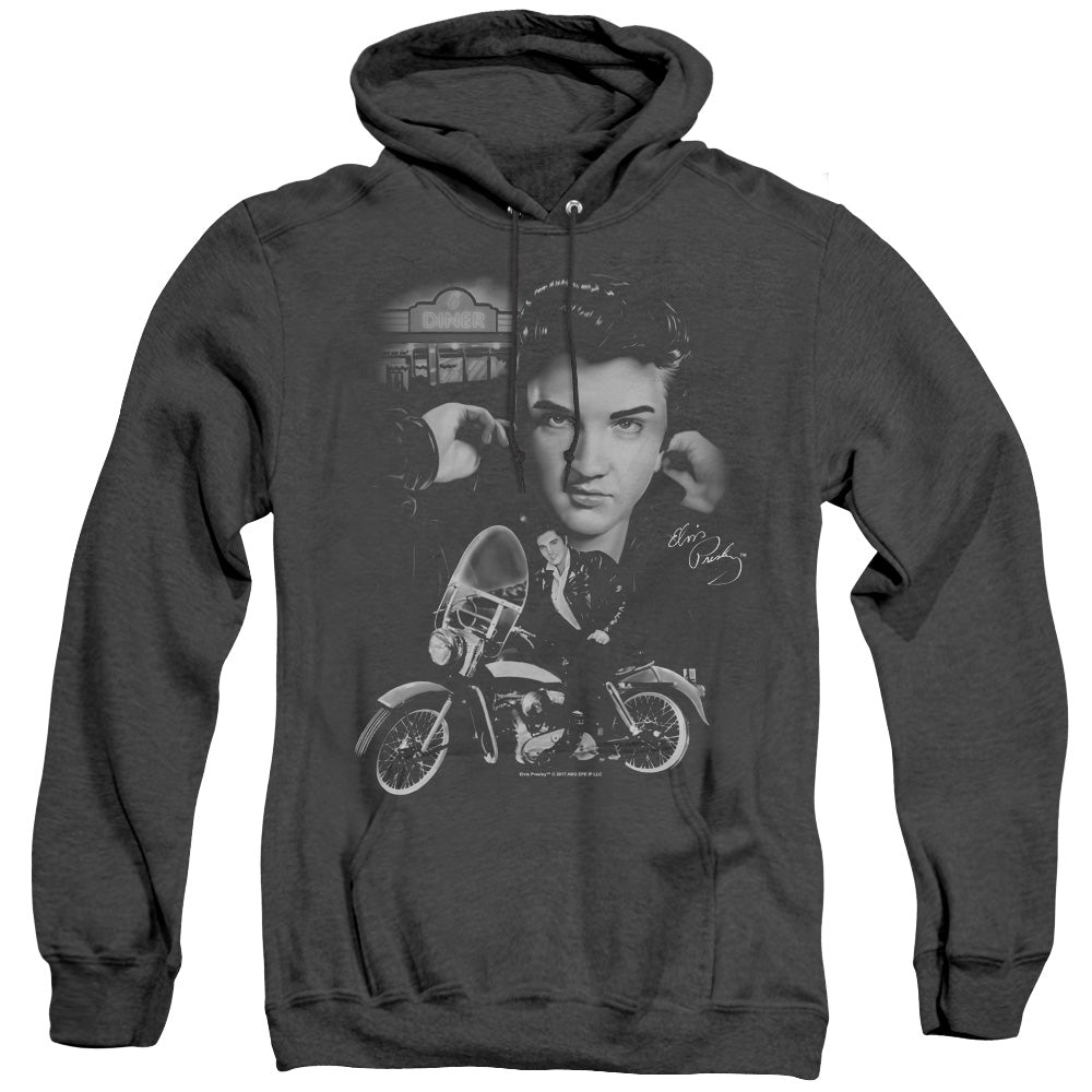 AN OFFCIALLY LICENSED ELVIS PRESLEY THE KING RIDES AGAIN ADULT UNISEX HEATHER PULLOVER HOODIE BLACK