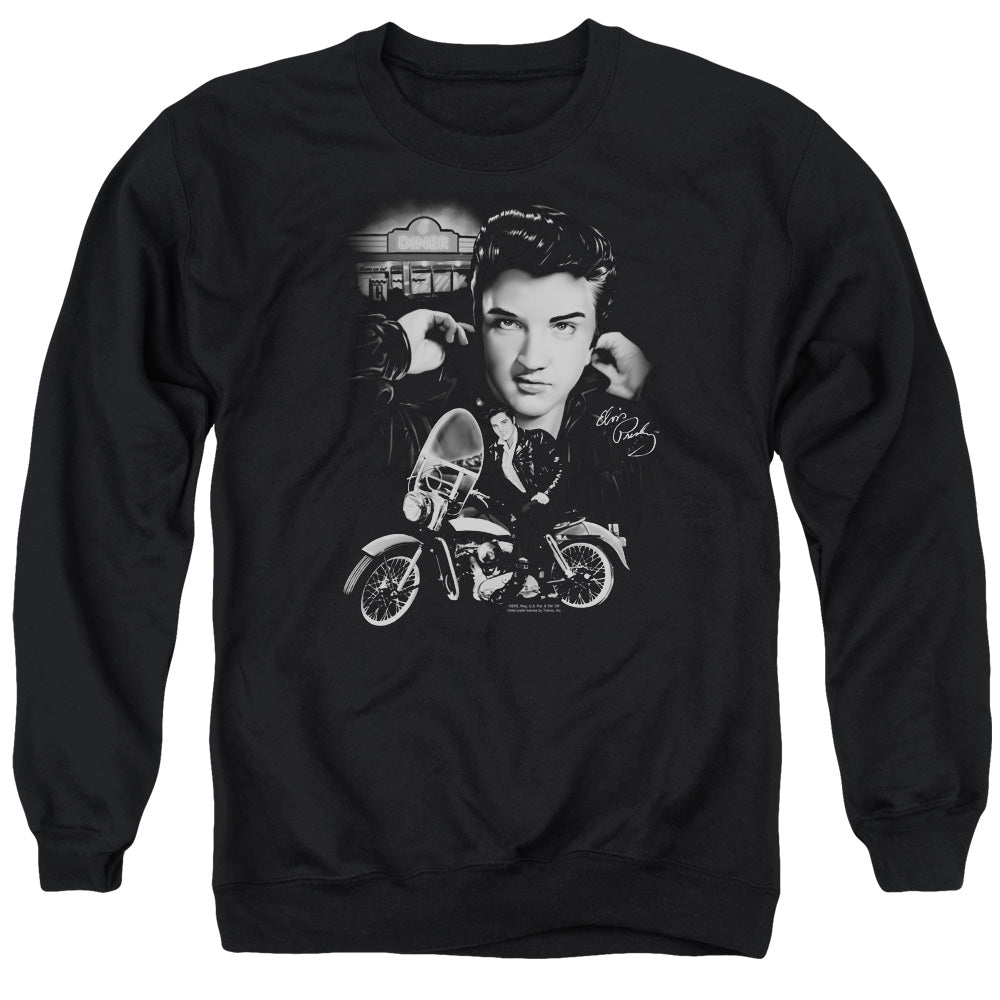AN OFFCIALLY LICENSED ELVIS PRESLEY THE KING RIDES AGAIN ADULT UNISEX CREWNECK SWEATSHIRT BLACK