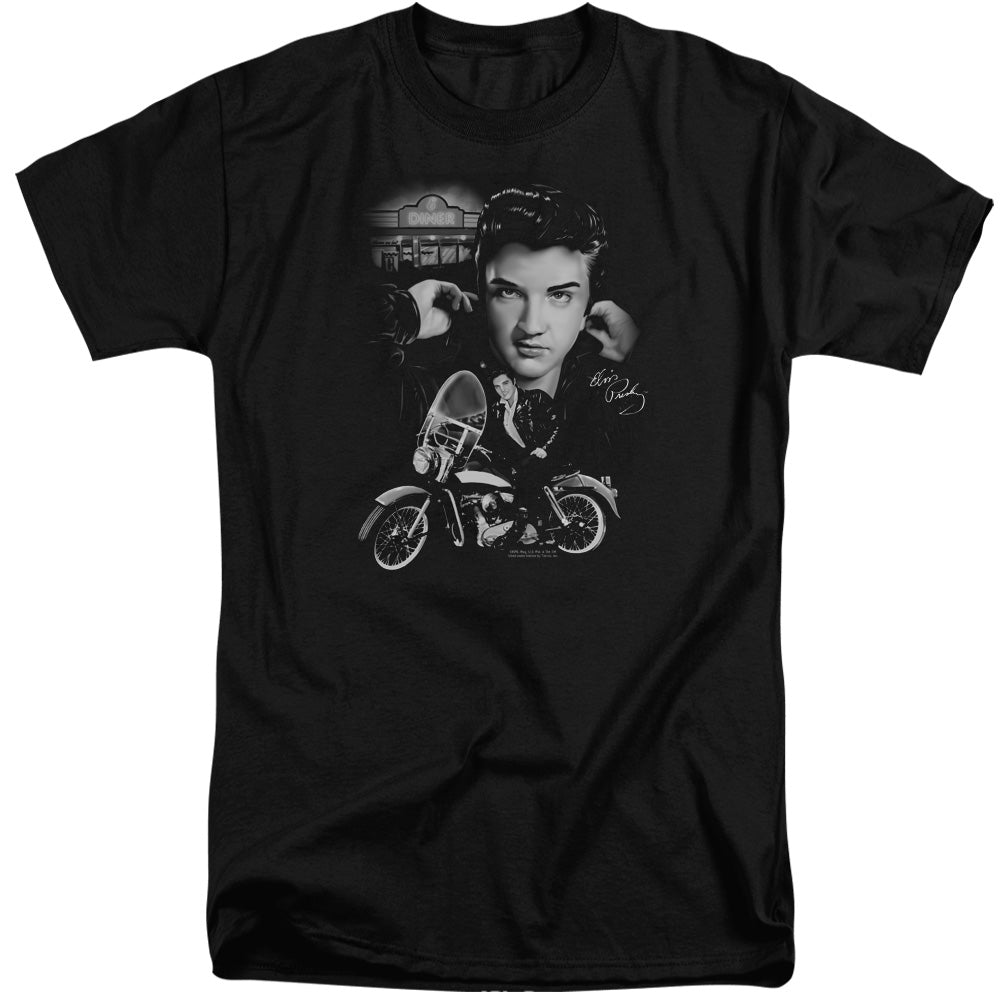 AN OFFCIALLY LICENSED ELVIS PRESLEY THE KING RIDES AGAIN MEN'S TALL FIT T-SHIRT BLACK