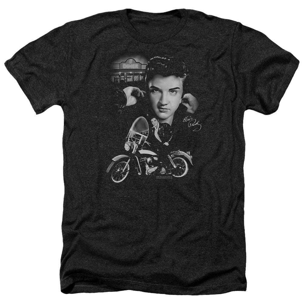 AN OFFCIALLY LICENSED ELVIS PRESLEY THE KING RIDES AGAIN MEN'S HEATHER T-SHIRT CHARCOAL