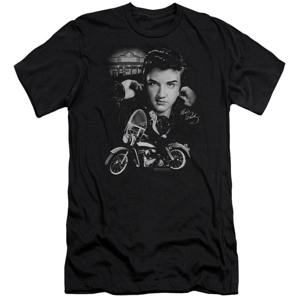 AN OFFCIALLY LICENSED ELVIS PRESLEY THE KING RIDES AGAIN MEN'S PREMIUM SLIM FIT T-SHIRT BLACK