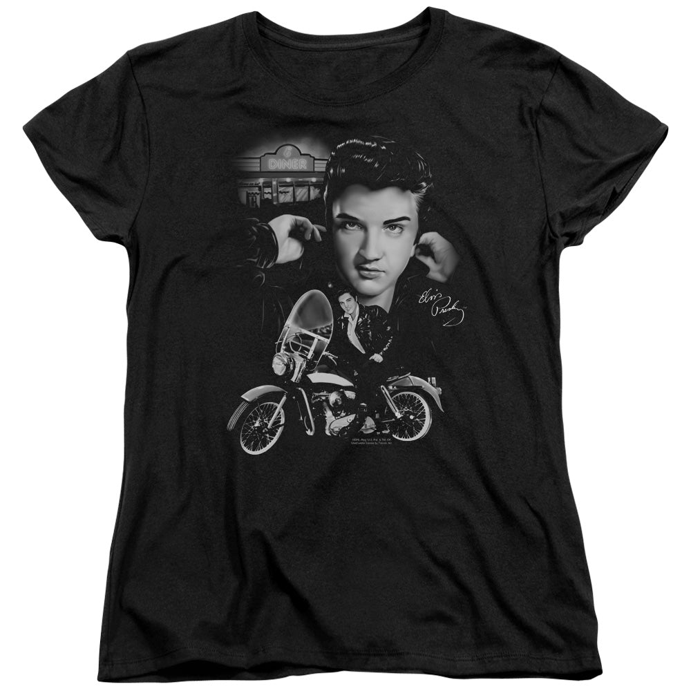 AN OFFCIALLY LICENSED ELVIS PRESLEY THE KING RIDES AGAIN WOMEN'S REGULAR FIT T-SHIRT BLACK