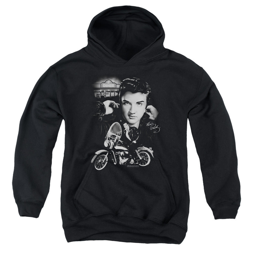AN OFFCIALLY LICENSED ELVIS PRESLEY THE KING RIDES AGAIN YOUTH HOODIE BLACK