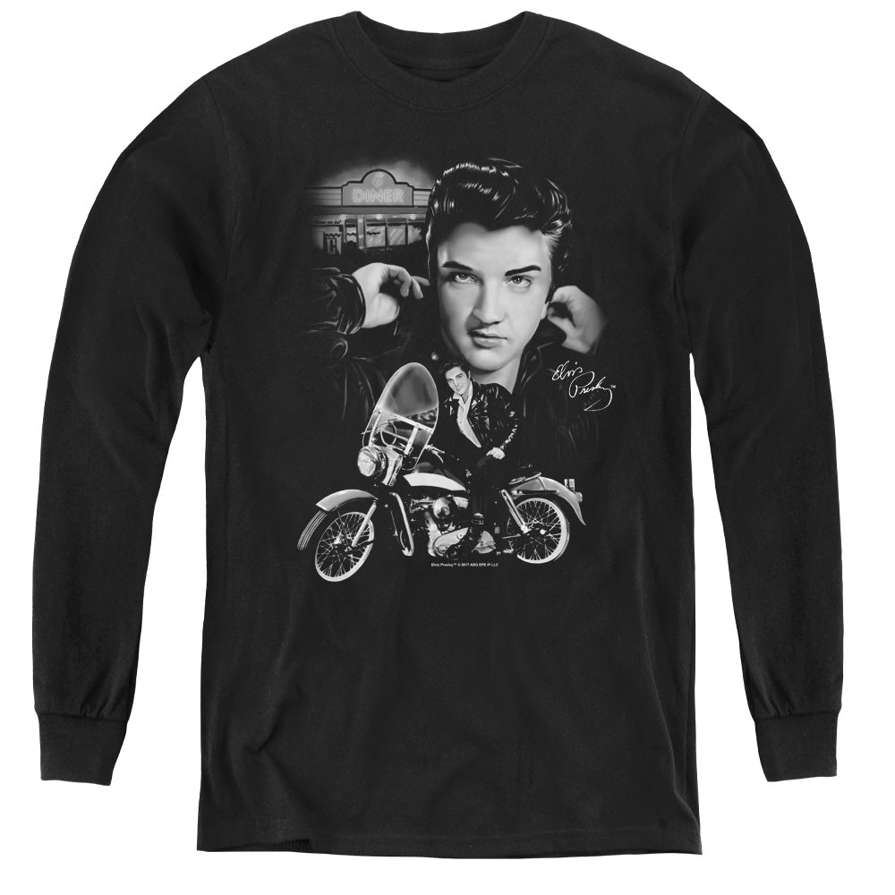 AN OFFCIALLY LICENSED ELVIS PRESLEY THE KING RIDES AGAIN YOUTH LONG SLEEVE T-SHIRT BLACK