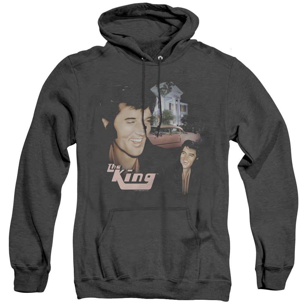 AN OFFCIALLY LICENSED ELVIS PRESLEY HOME SWEET HOME ADULT UNISEX HEATHER PULLOVER HOODIE BLACK