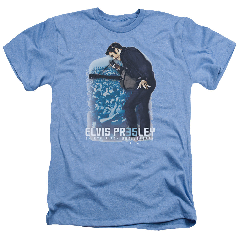 AN OFFCIALLY LICENSED ELVIS PRESLEY 35TH ANNIVERSARY 3 MEN'S HEATHER T-SHIRT LIGHT BLUE