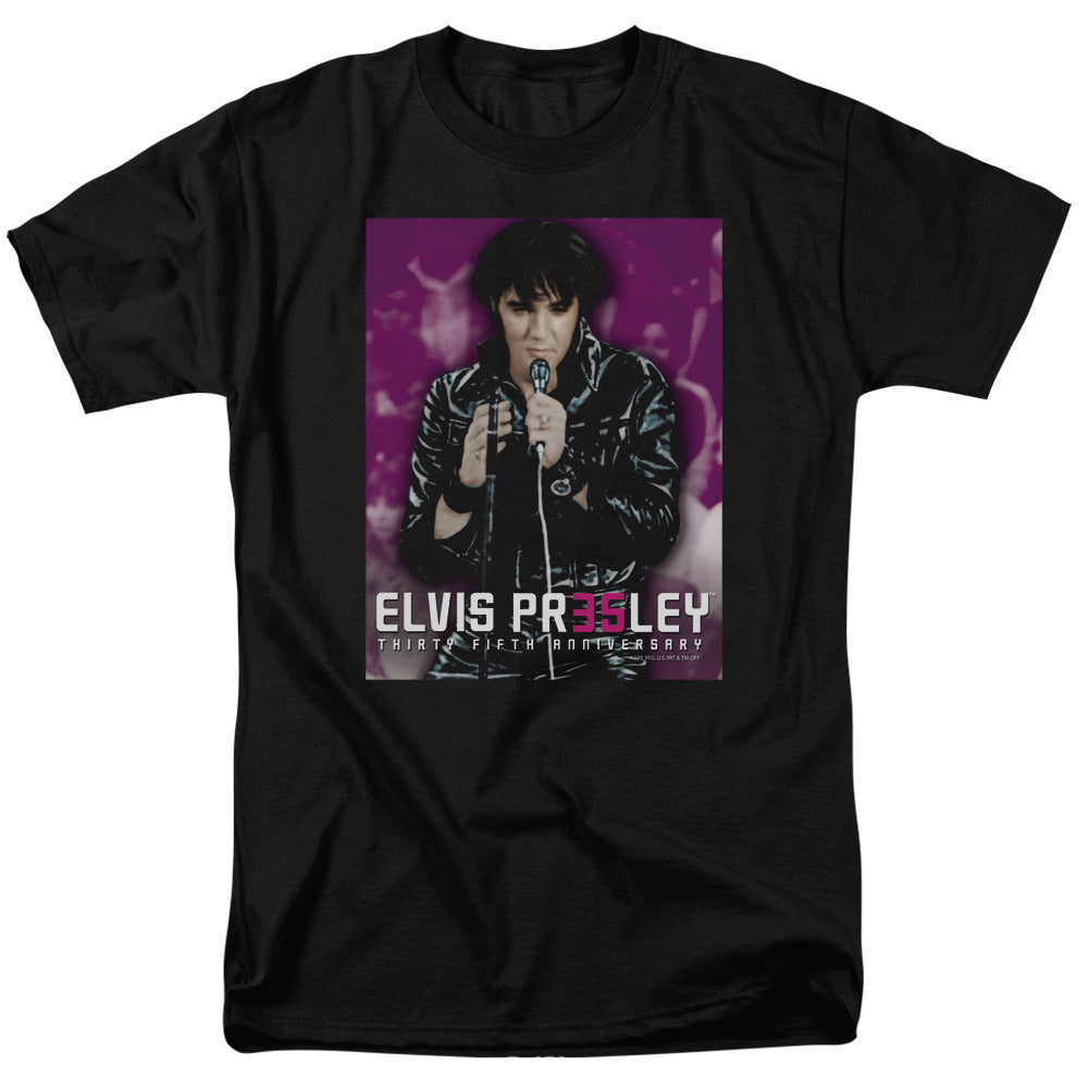 AN OFFCIALLY LICENSED ELVIS PRESLEY 35 LEATHER MEN'S REGULAR FIT T-SHIRT BLACK