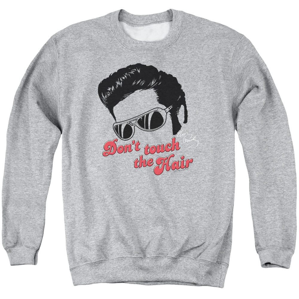 AN OFFCIALLY LICENSED ELVIS PRESLEY DONT TOUCH THE HAIR 2 ADULT UNISEX CREWNECK SWEATSHIRT ATHLETIC HEATHER