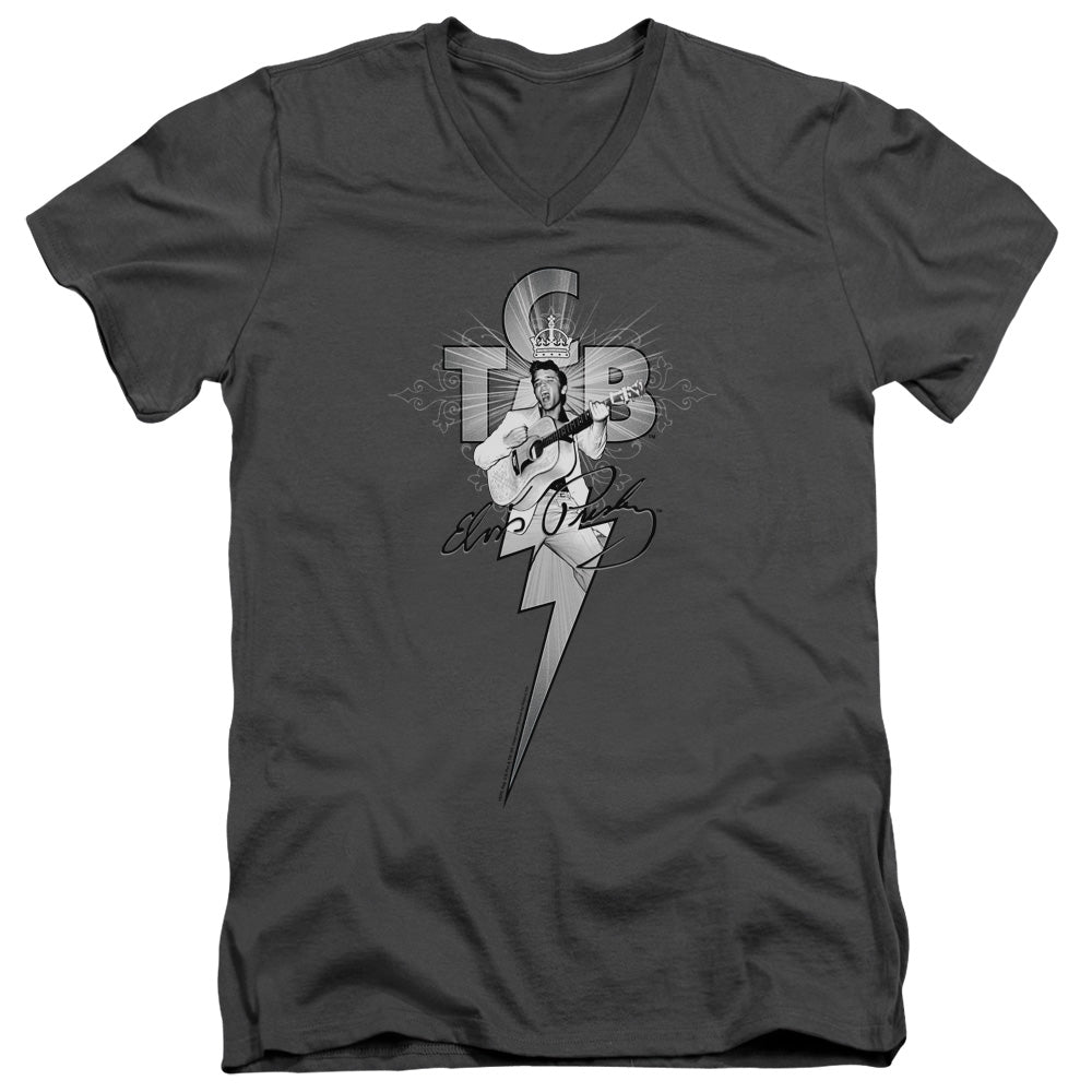 AN OFFCIALLY LICENSED ELVIS PRESLEY TCB ORNATE MEN'S V-NECK T-SHIRT CHARCOAL
