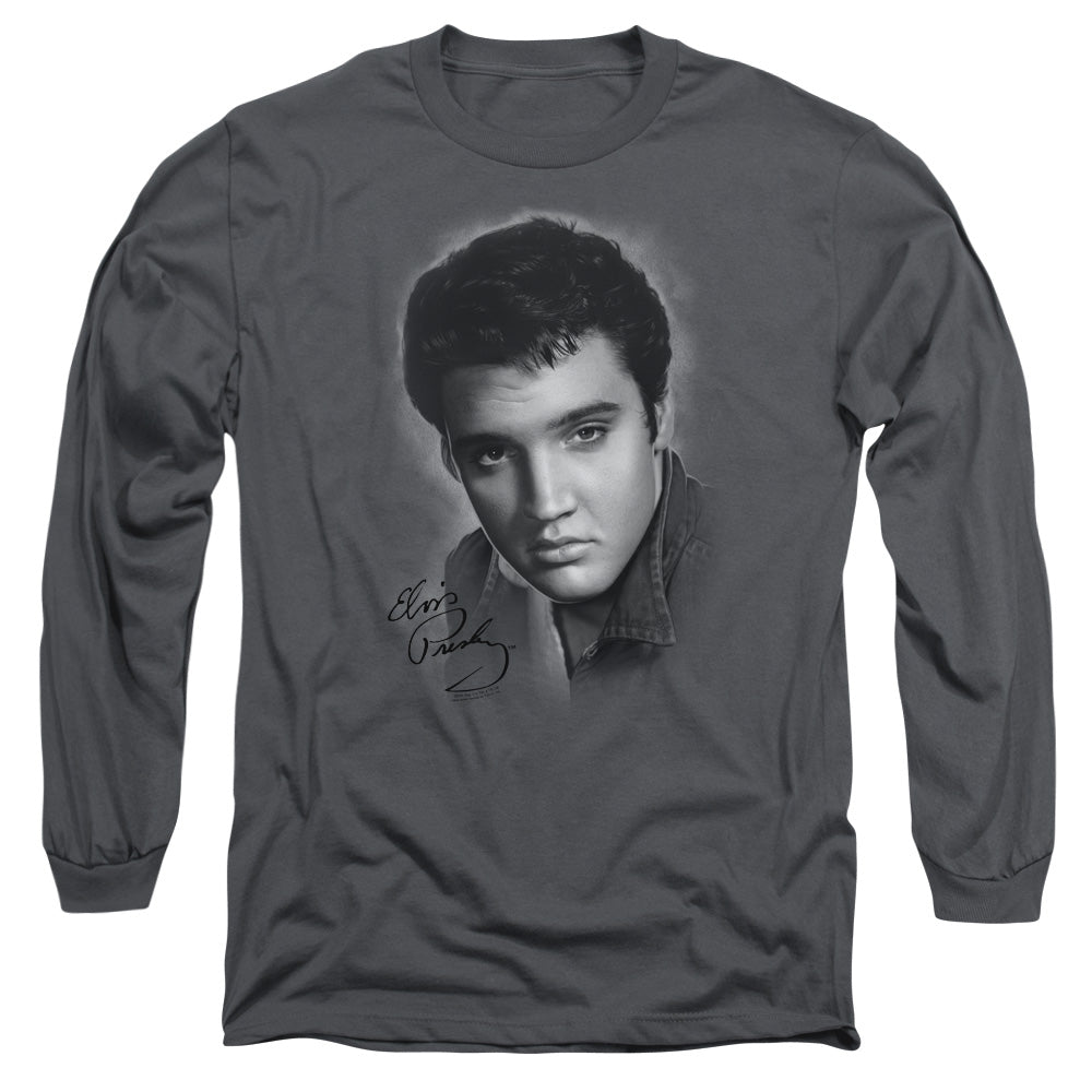 AN OFFCIALLY LICENSED ELVIS PRESLEY GREY PORTRAIT MEN'S LONG SLEEVE T-SHIRT CHARCOAL
