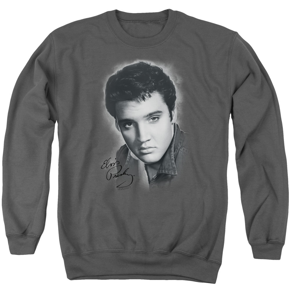 AN OFFCIALLY LICENSED ELVIS PRESLEY GREY PORTRAIT ADULT UNISEX CREWNECK SWEATSHIRT CHARCOAL