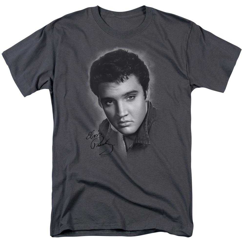 AN OFFCIALLY LICENSED ELVIS PRESLEY GREY PORTRAIT MEN'S REGULAR FIT T-SHIRT CHARCOAL