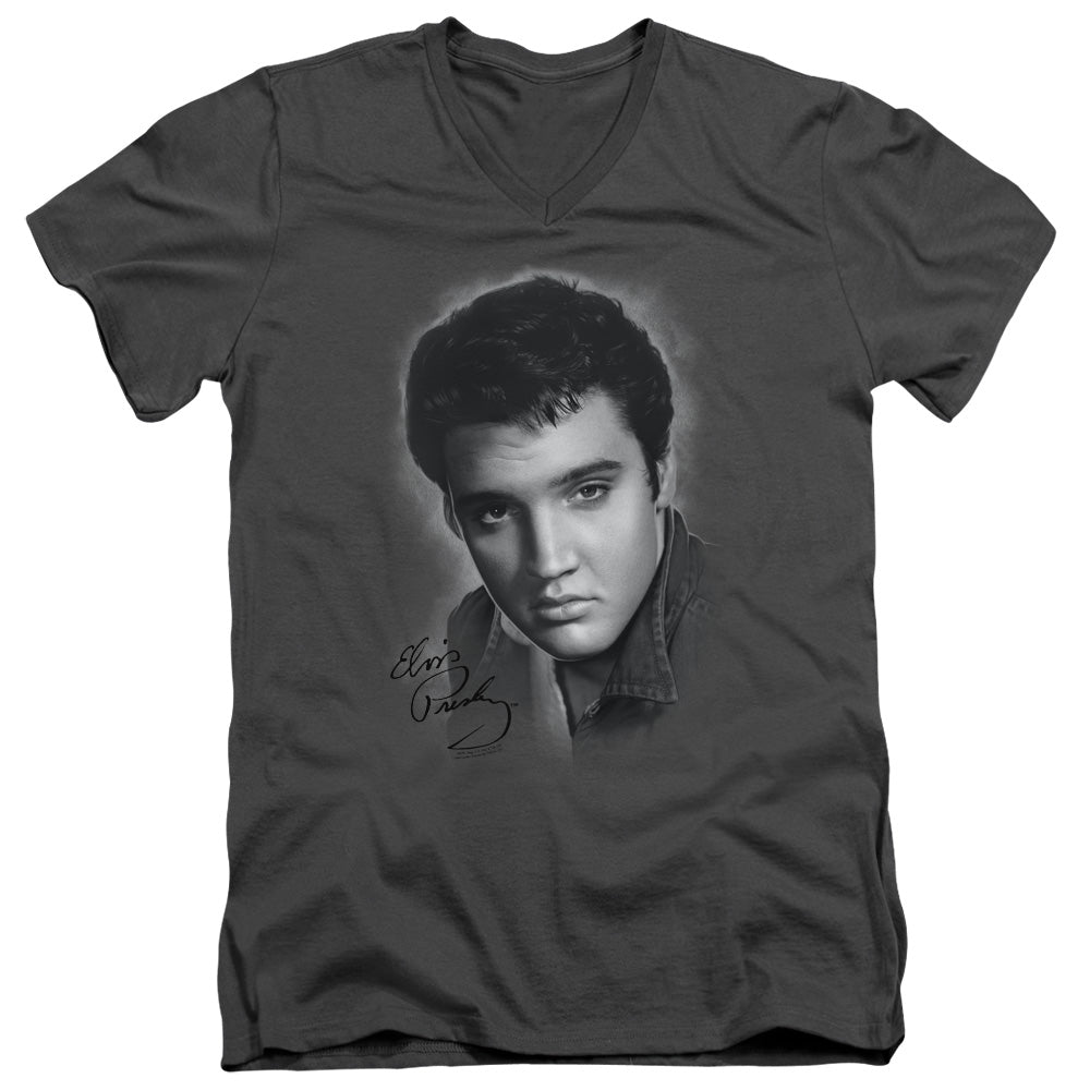 AN OFFCIALLY LICENSED ELVIS PRESLEY GREY PORTRAIT MEN'S V-NECK T-SHIRT CHARCOAL