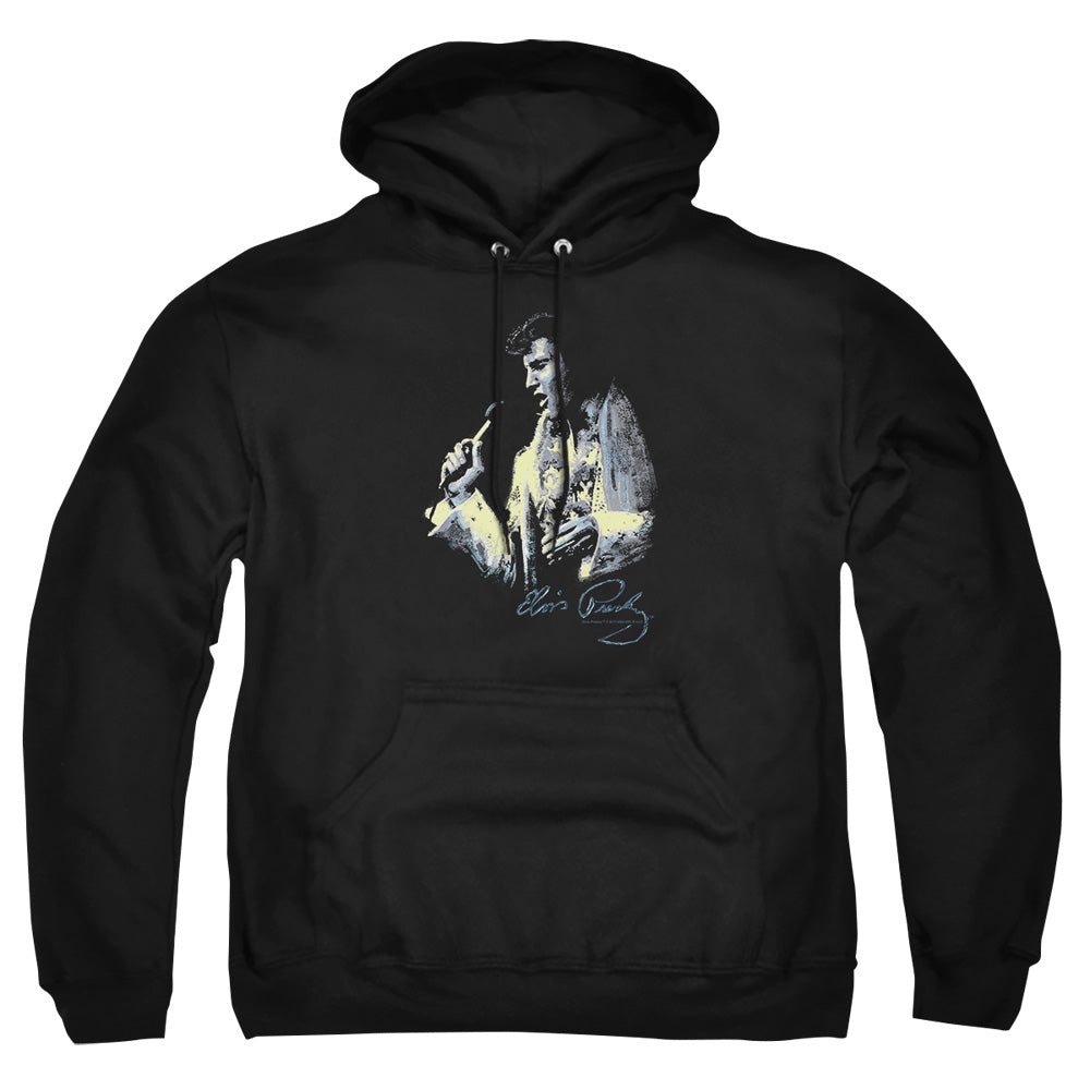 AN OFFCIALLY LICENSED ELVIS PRESLEY PAINTED KING ADULT UNISEX PULLOVER HOODIE BLACK