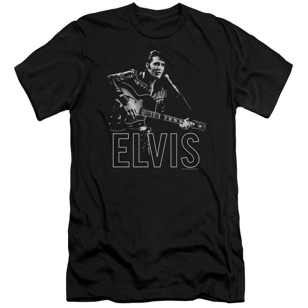 AN OFFCIALLY LICENSED ELVIS PRESLEY GUITAR IN HAND MEN'S PREMIUM SLIM FIT T-SHIRT BLACK