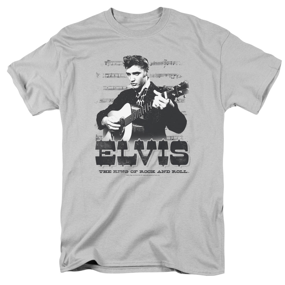 AN OFFCIALLY LICENSED ELVIS PRESLEY THE KING OF MEN'S REGULAR FIT T-SHIRT SILVER