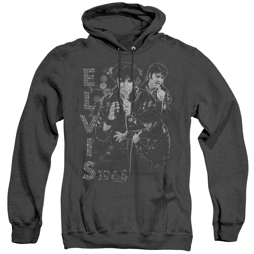 AN OFFCIALLY LICENSED ELVIS PRESLEY LEATHERED ADULT UNISEX HEATHER PULLOVER HOODIE BLACK