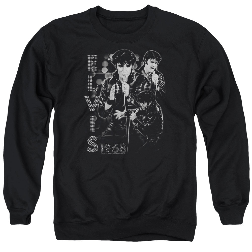 AN OFFCIALLY LICENSED ELVIS PRESLEY LEATHERED ADULT UNISEX CREWNECK SWEATSHIRT BLACK
