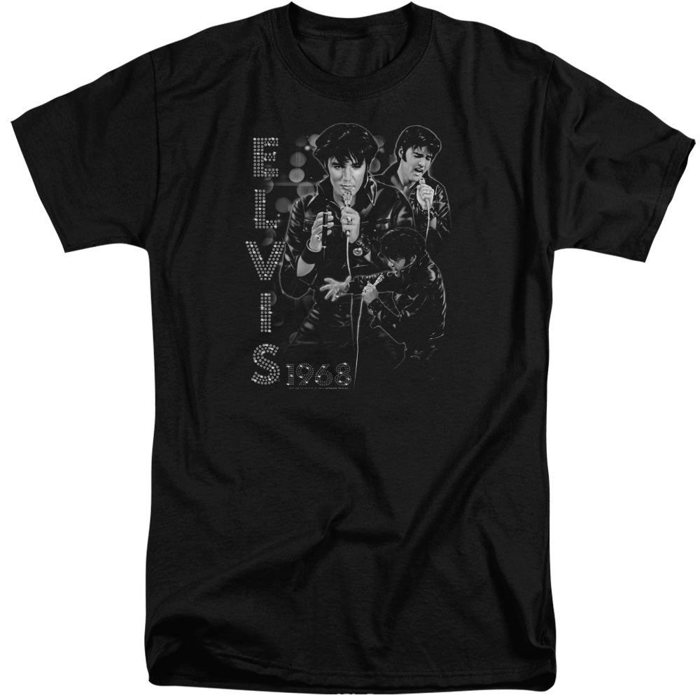 AN OFFCIALLY LICENSED ELVIS PRESLEY LEATHERED MEN'S TALL FIT T-SHIRT BLACK