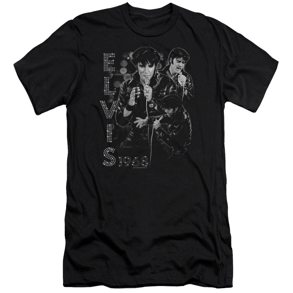 AN OFFCIALLY LICENSED ELVIS PRESLEY LEATHERED MEN'S PREMIUM SLIM FIT T-SHIRT BLACK
