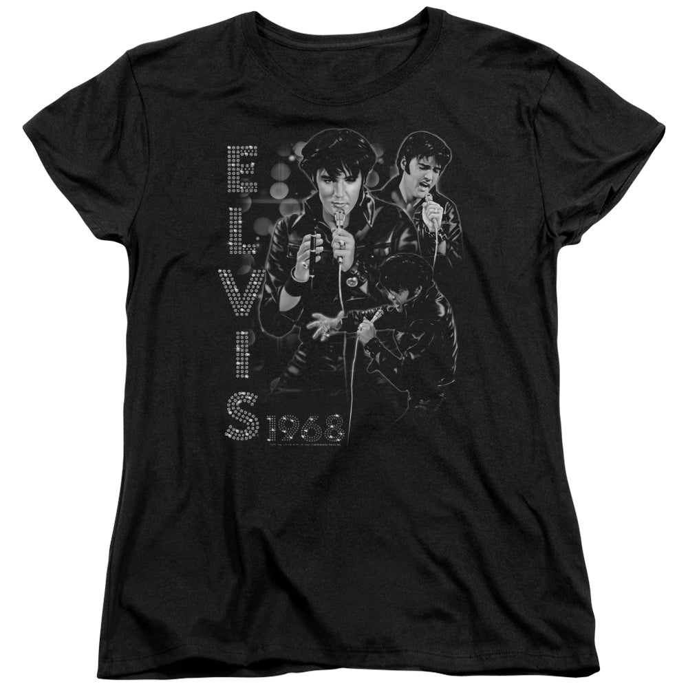 AN OFFCIALLY LICENSED ELVIS PRESLEY LEATHERED WOMEN'S REGULAR FIT T-SHIRT BLACK