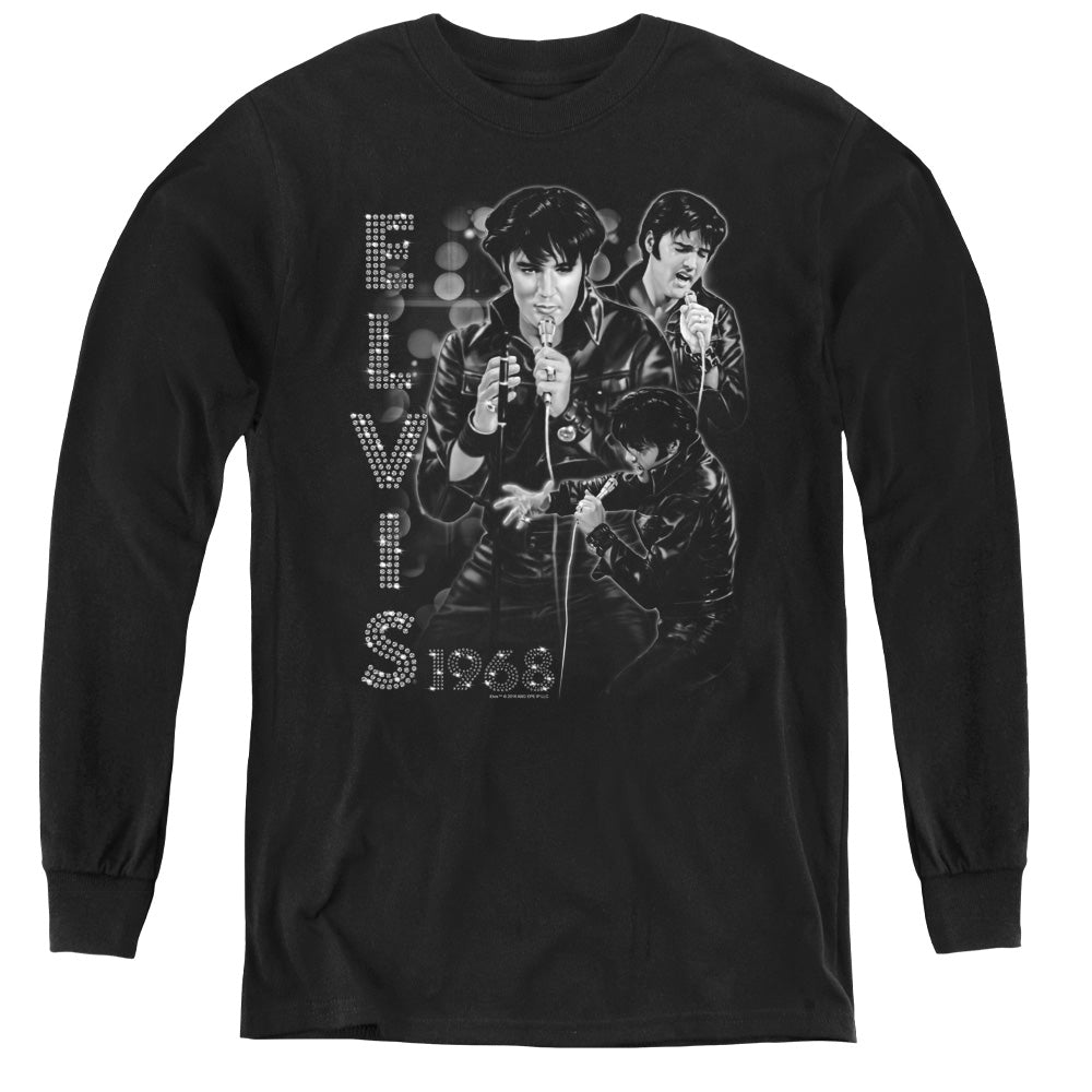 AN OFFCIALLY LICENSED ELVIS PRESLEY LEATHERED YOUTH LONG SLEEVE T-SHIRT BLACK